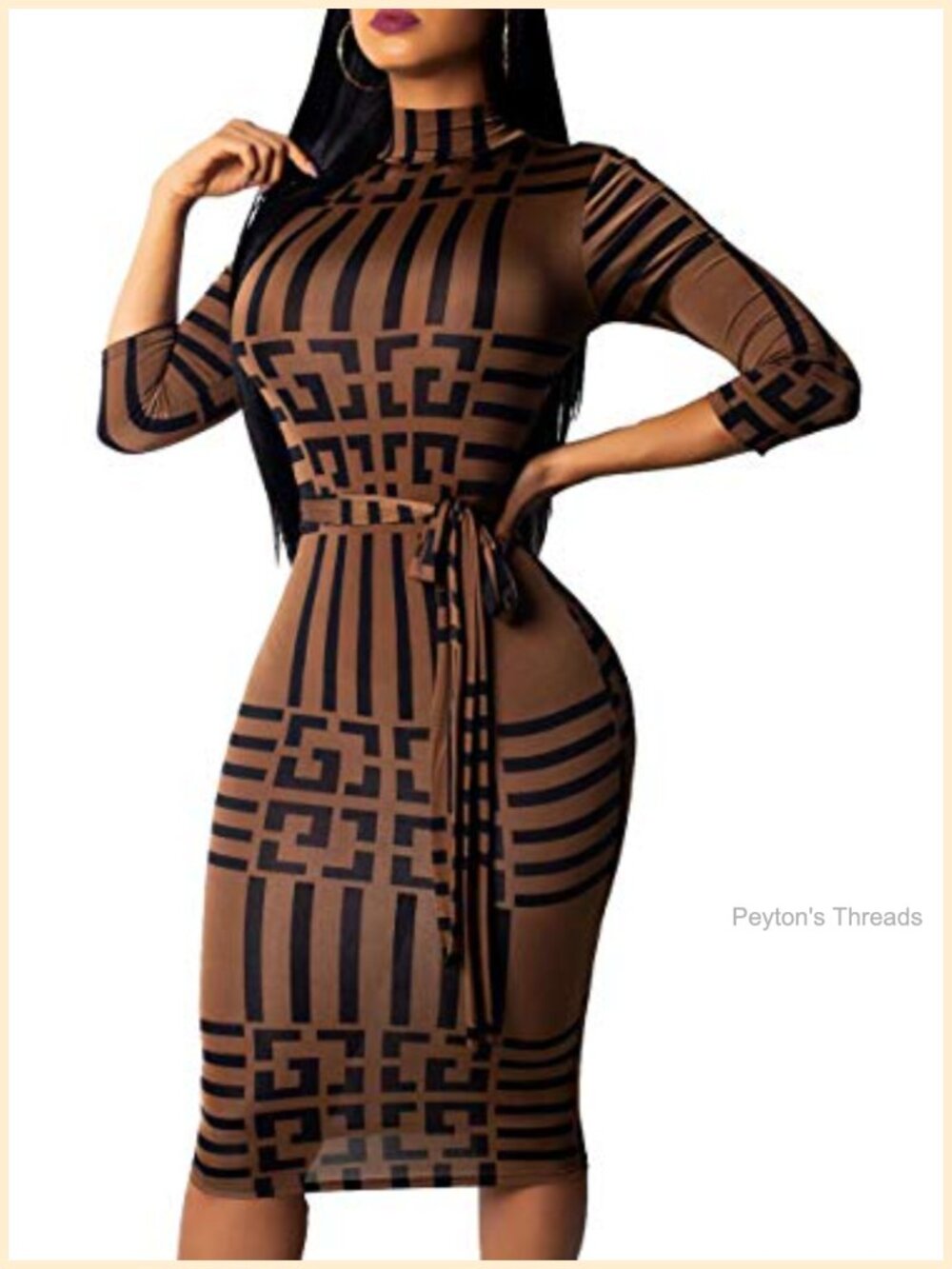 Women's Bodycon Pencil Dress 3/4 Sleeve Geometric Print Business Midi